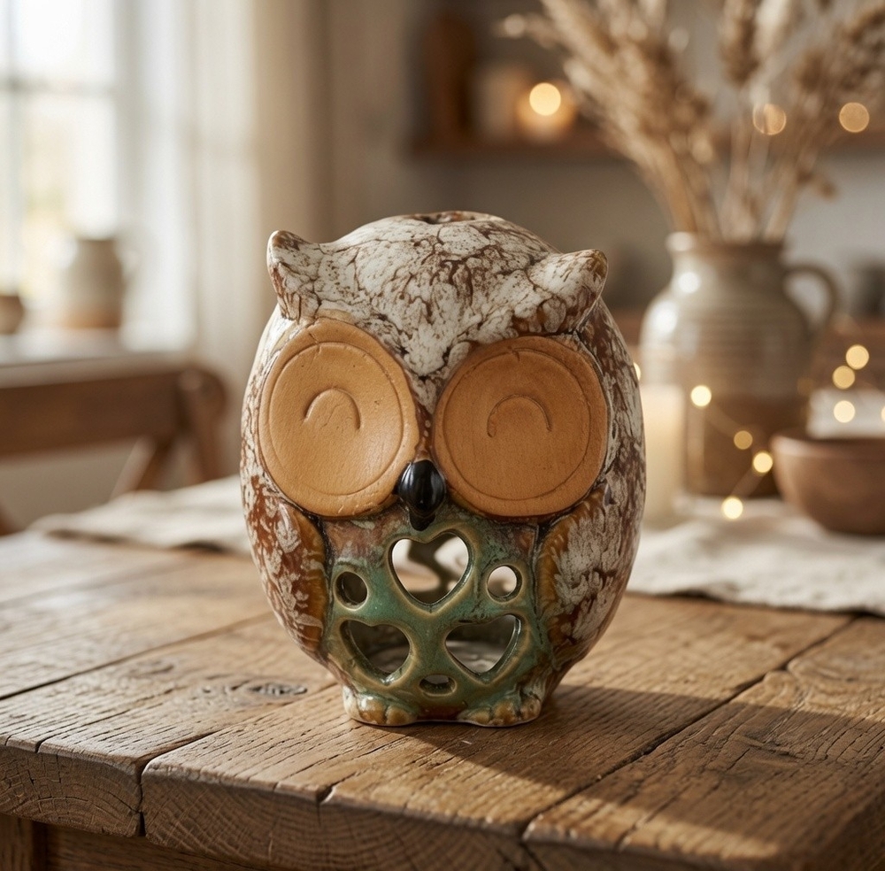 Fall Owl Candle Holder 5" Ceramic Tea Light Porcelain Autumn Decor Halloween